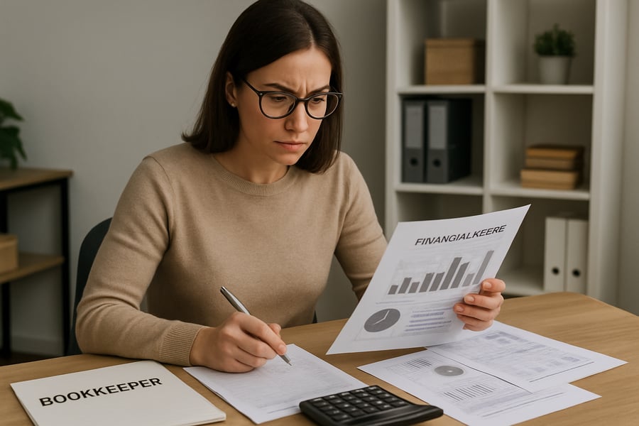 Bookkeeper reviewing financial documents for a small business