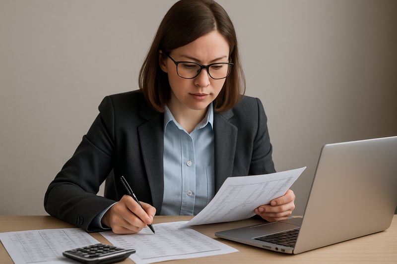 Professional bookkeeper working with financial documents and a laptop.